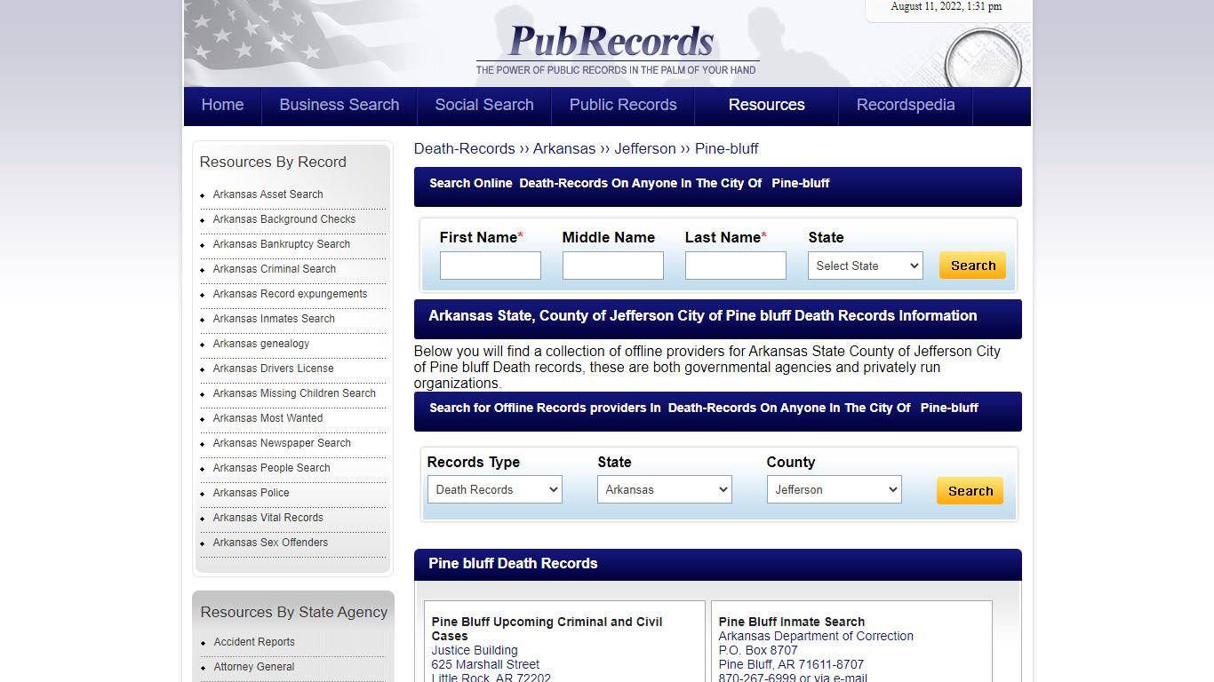 Pine bluff, Jefferson County, Arkansas Death Records