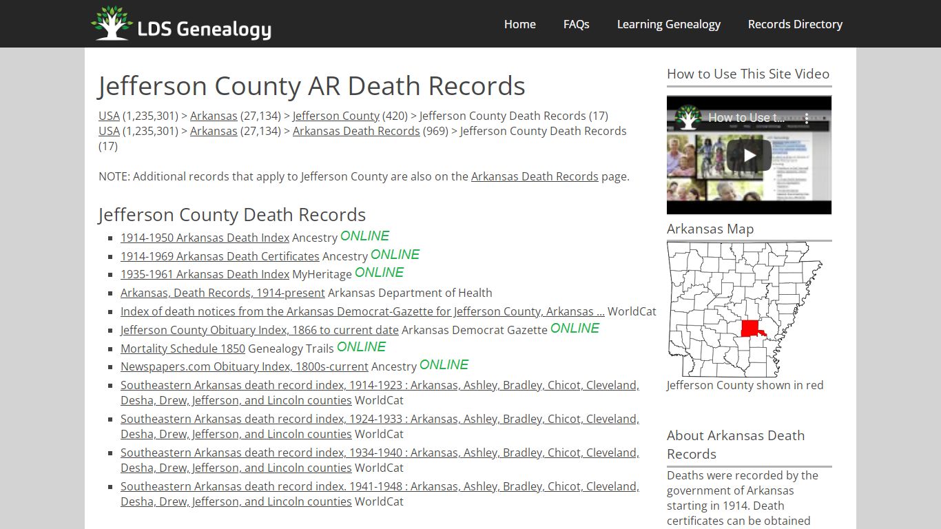 Jefferson County AR Death Records - LDS Genealogy